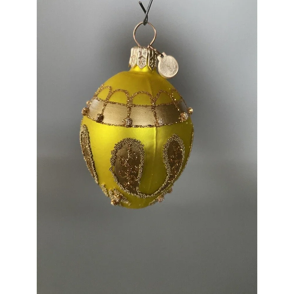 Poland Glass Christmas Ornament Lime Green Gold Glitter Clock Charm Holiday Tree